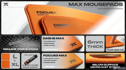 Fnatic Gear社製ゲーミングマウスパッド「DASH2 MAX」シリーズおよび「FOCUS3 MAX」シリーズがアスクより5月17日発売