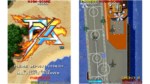 【アケアカ】『F/A』がSwitch、PS4で5/15より配信。ナムコから1992年に発売された、全16機から1機を選択し全8面のステージ攻略を目指すシューティングゲーム