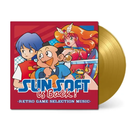 「SUNSOFT is Back! レトロゲームセレクション」サウンドトラックを販売中。「金カセット」とおそろいカラーのビニールレコード