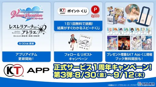 「KT App 正式サービス1周年キャンペーン」第3弾が開催中！「DOAXVV」「レスレリアーナのアトリエ」の交換アイテムが更新