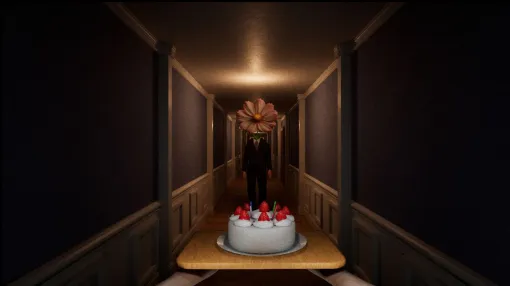 『Don&apos;t Drop The Cake』異形にビビらずケーキを運ぶホラーゲームが発表。マウス操作でケーキのバランスを維持。スーツ姿の花頭など個性的な異形が動揺を誘う