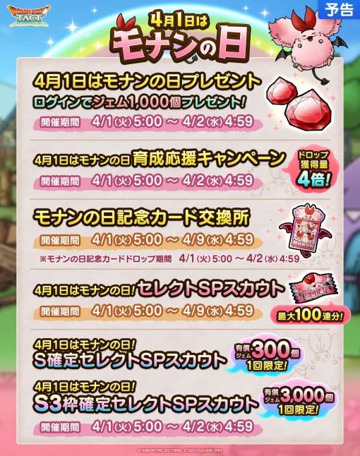 『ドラクエタクト』4/1はモナンの日に決定。1000ジェムのプレゼントや特別なSPスカウトの開催、ドロップ4倍の育成応援キャンペーンなど、嘘だと思うほどのオオバンブルマイ！【エイプリルフール】