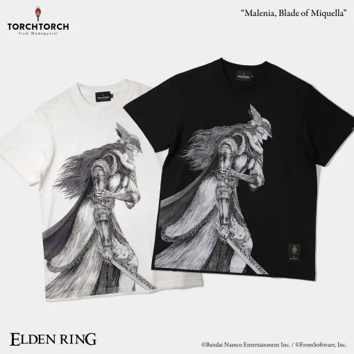 瀧川虚至氏による描き下ろしのマレニアがデザインされた「ELDEN RING」×TORCH TORCHコラボTシャツ2種（各2色）が本日発売
