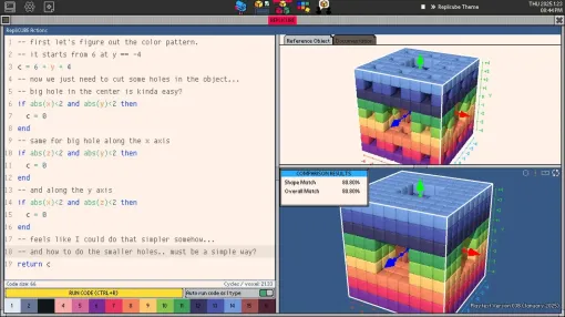 ボクセルアートプログラミングパズル『Replicube』好評どんどん集まる。解けさえすれば方法は自由、キューブ描画/色塗りパズル