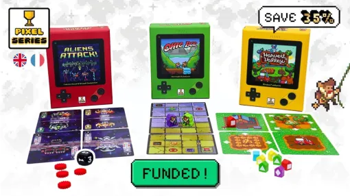 ゲームボーイのようなデザインの箱に入ったドット絵のカードでプレイする，ボードゲームのKickstarterキャンペーンが展開中