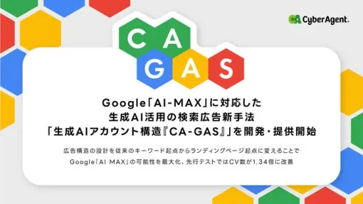 サイバーエージェント、次世代広告ソリューション「AI MAX」に対応する検索広告の新手法「生成AIアカウント構造 CA-GAS」の提供を開始 サイバーエージェント、次世代広告ソリューション「AI MAX」に対応する検索広告の新手法「生成AIアカウント構造 CA-GAS」の提供を開始