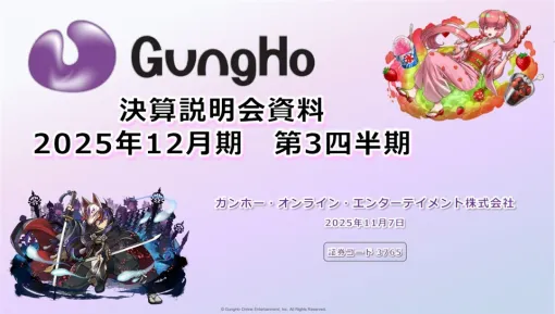 ガンホーの決算説明資料より…3Q(7~9月)はYonYで増収減益、QonQでは減収減益 『パズドラ』など主力タイトルの売上減少 Switch 2向けも含めた開発体制の拡充で費用増に ガンホーの決算説明資料より…3Q(7~9月)はYonYで増収減益、QonQでは減収減益 『パズドラ』など主力タイトルの売上減少 Switch 2向けも含めた開発体制の拡充で費用増に