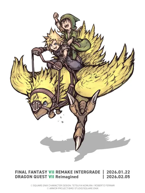 野村哲也氏による『FF7』クラウド×『ドラクエ7』主人公コラボイラスト公開。ふたりの『VII』主人公がチョコボに乗る 野村哲也氏による『FF7』クラウド×『ドラクエ7』主人公コラボイラスト公開。ふたりの『VII』主人公がチョコボに乗る